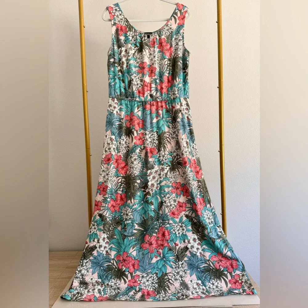 TALBOTS FLORAL JUNGLE JERSEY MAXI DRESS SLEEVELESS SUPER SOFT TROPICAL SZ L‎